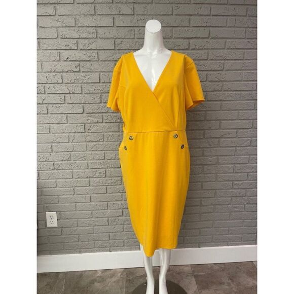 NY & Company Surplice Neckline Short Sleeve Yellow Sheath Dress Size XXL - Picture 1 of 9